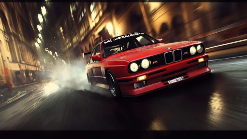 Scarlet street racer slices through neon-soaked midnight curves.