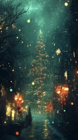 Towering Christmas tree glows over misty festive street
