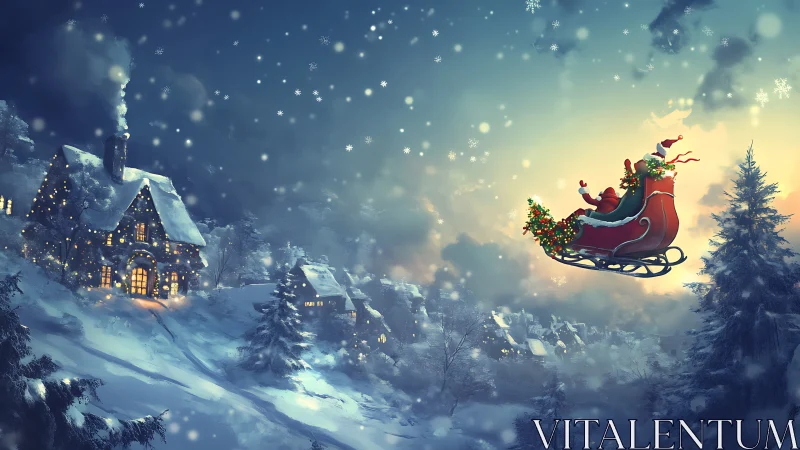 Santa sleigh silhouette over snow village at twilight snowfall