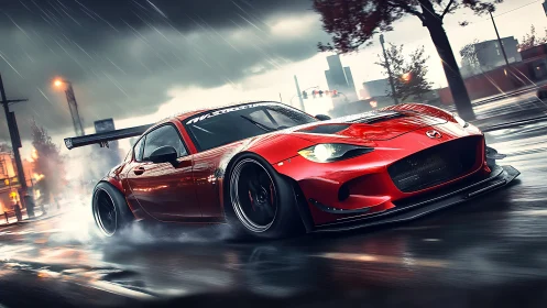Red widebody sports car drifts through rainy neon city streets