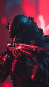 Intense tactical soldier aims forward in vivid red light