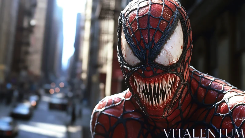 Monstrous red webbed creature snarling above city street.