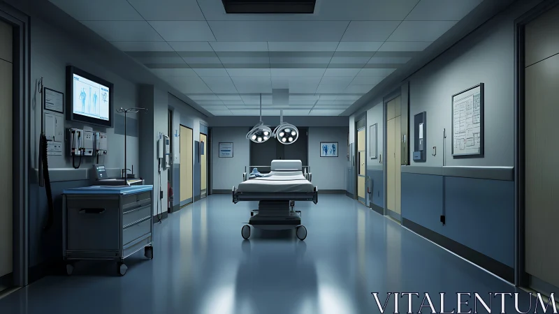 Clinical hospital corridor with central surgical bed in digital realism