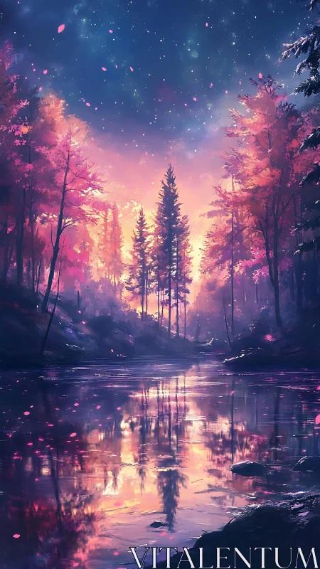 Enchanted river forest under glowing twilight sky.