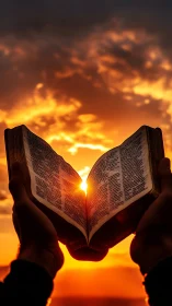 Open holy book glows against radiant golden sunset sky.