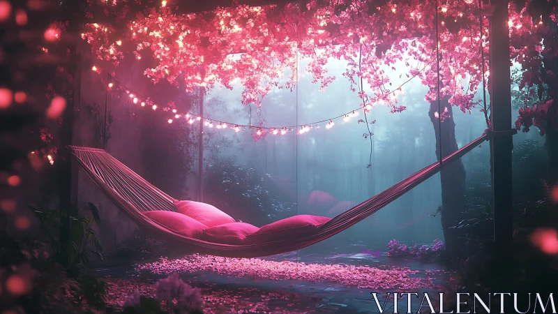 Petal-lit hammock sanctuary drifting in neon forest twilight.