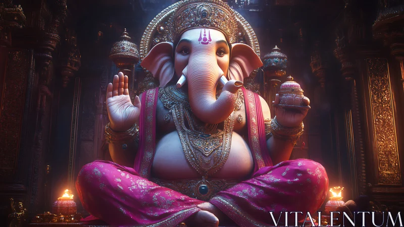 Ornate Ganesha idol in luminous temple interior lighting.