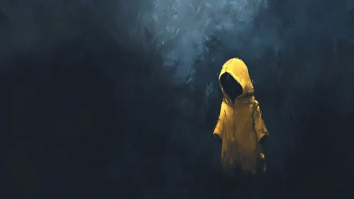 Lonely child in yellow raincoat glowing in the dark night.