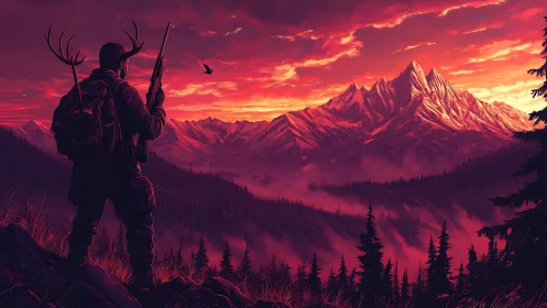 Hunter overlooks alpine valley under saturated red sunset gradient
