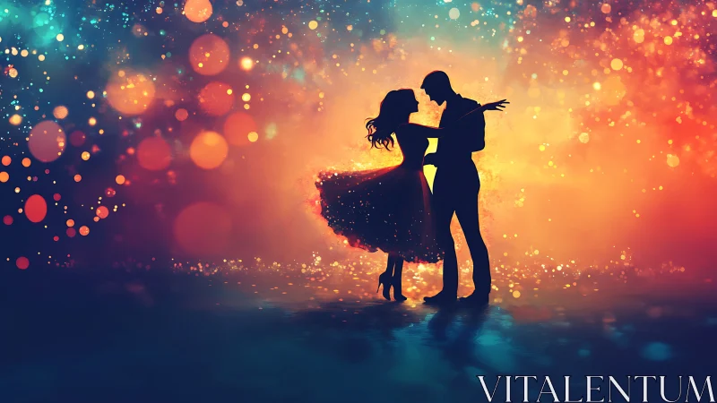 Silhouetted Couple Dancing Against Golden Particle Light.