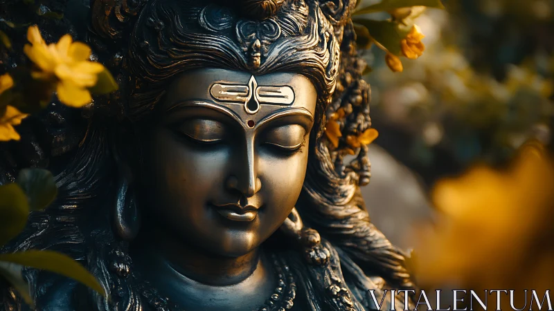 Bronze Hindu deity bust with floral bokeh and warm rim light