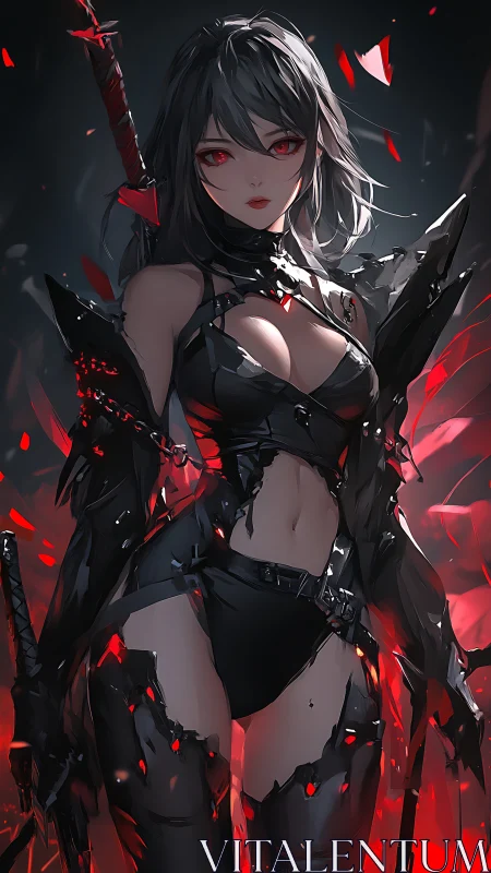 Female swordswoman in fragmented black armor with red light.
