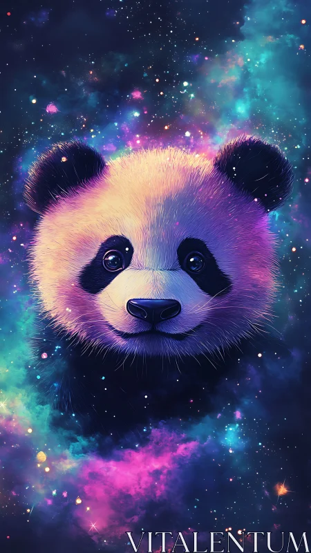 Chromatic nebula-surrounded panda rendered in cosmic detail.
