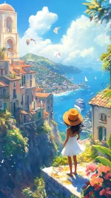 Sunhat girl greeting a cliffside Mediterranean dreamscape.