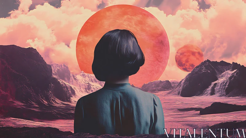 Solitary observer under twin crimson suns on alien shore.