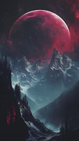 Large red celestial body rises above misty jagged mountains