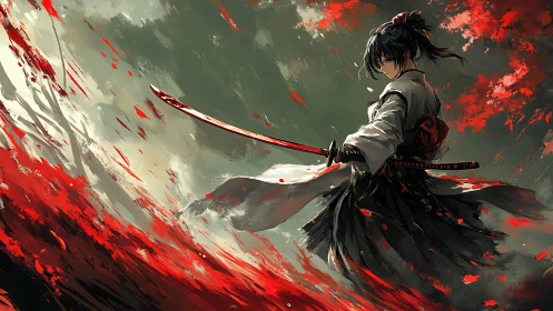 Crimson whirlwind surrounding lone samurai in motion storm.