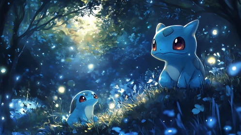 Two glowing-eyed blue creatures in a moonlit forest clearing.