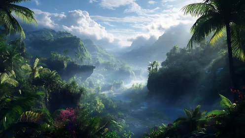 Volumetric sunrise over hyper-lush tropical canyon river basin.