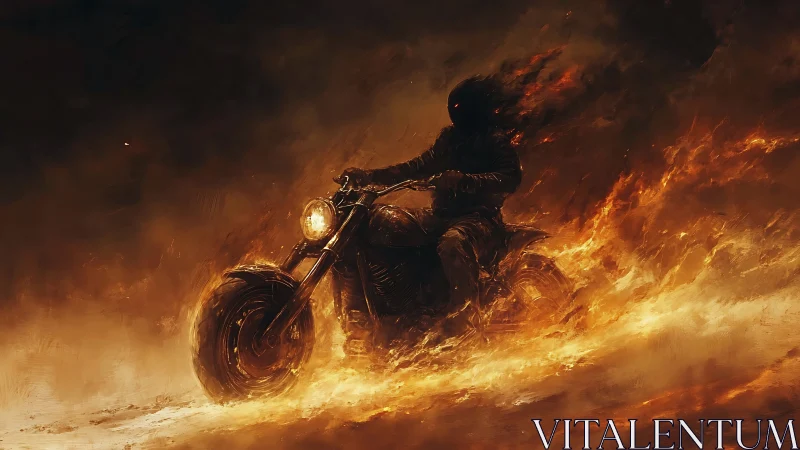 Flaming midnight rider carving paths through fire and smoke.