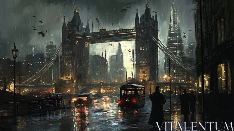 Noir digital painting of Tower Bridge in rain-soaked London night.
