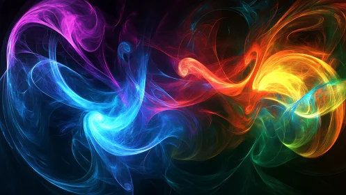 Swirling rainbow energy dancing across a dreamy dark sky.