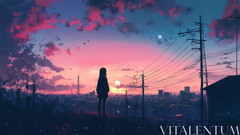 Twilight city skyline watched by lone dreamer on the hilltop.