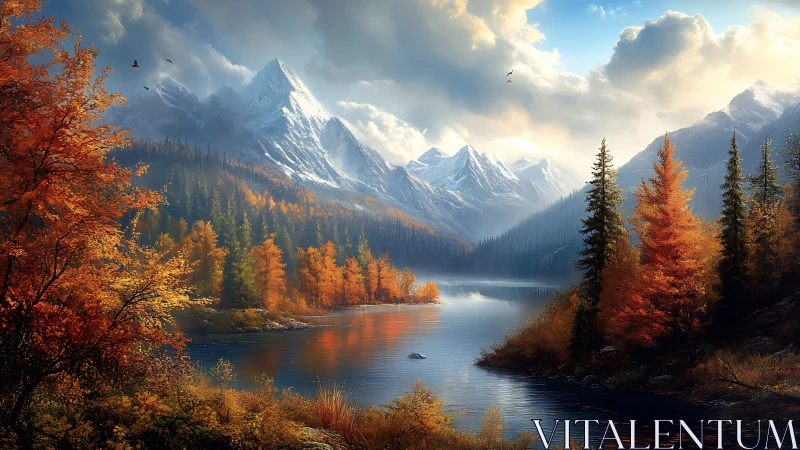 Crimson trees whisper toward snowlit giants across the lake