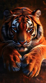 Predatory stillness of a tiger in molten sunset light.