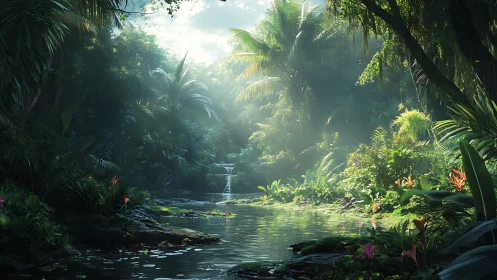 Jungle Stream with Sunlit Canopy and Tropical Forest