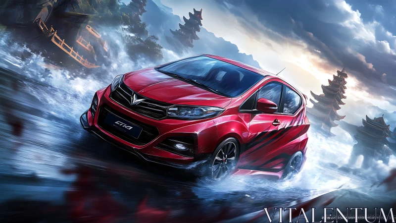 Red sport hatchback cuts through dynamic water and storm light