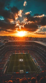 Crowded football stadium under dramatic sunset sky.