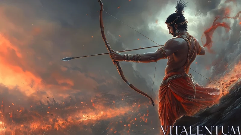 Mythic archer ignites stormlit battlefield with sacred arrow.