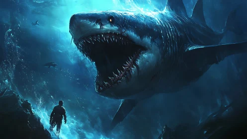 Digital painting of colossal shark confronting lone diver.