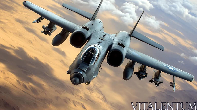 Twin-engine attack jet over stratified desert cloud field.