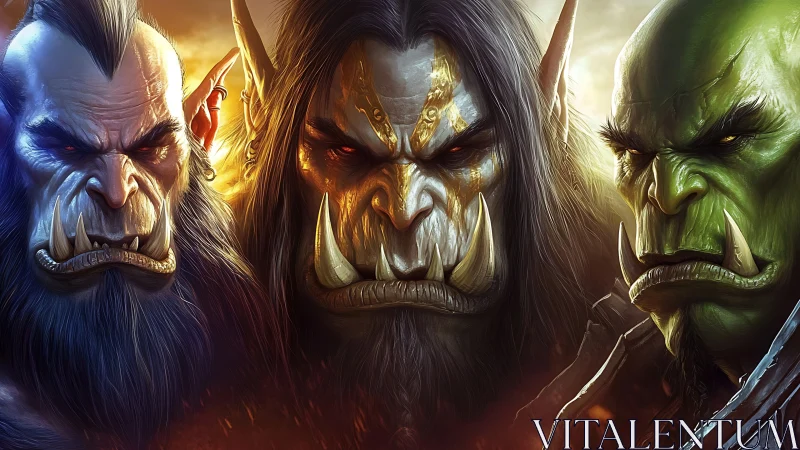 Tribal orc warlords in dramatic triadic character portrait.