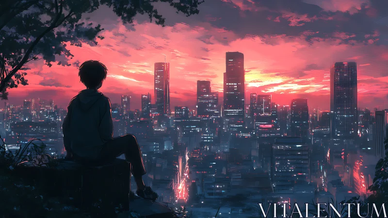 Solitary figure observing illuminated city at sunset.