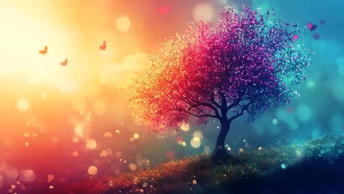 Chromatic gradient tree glows over bokeh field in atmospheric dusk