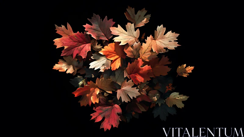 Autumn maple leaves glow in dramatic spotlight on black.
