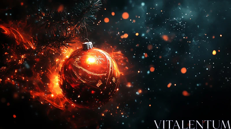 Blazing Christmas bauble ignites a cosmic winter dreamscape.