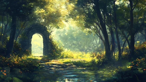 Luminous Forest Archway: Digital Landscape with Radiant Canopy Filtering