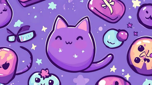 Whimsical Purple Cat Among Cosmic Orbs and Stars.