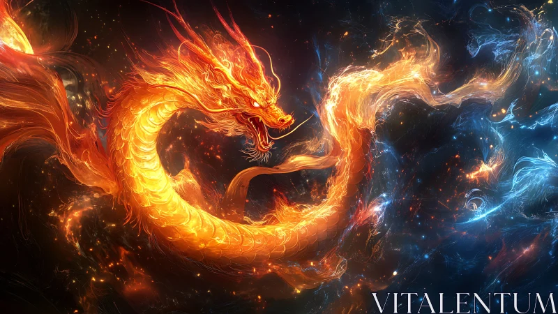 Fiery cosmic dragon swirling through glowing starlit clouds.