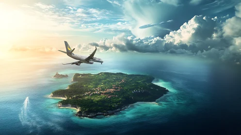 Commercial Airliner Banking Over Tropical Island Archipelago Seascape.
