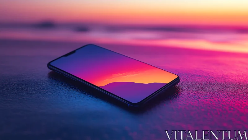 Mobile device glows amid vibrant sunset gradient backdrop.