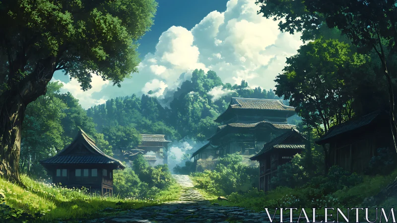 Sunlit mountain village path toward secluded temple complex.