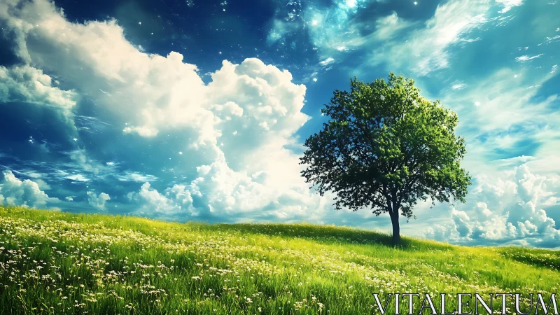 Lone tree over sunlit meadow under vibrant sky.