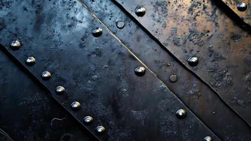 Industrial steel plate surface with rivets and patina texture.