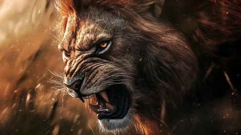 Snarling lion portrait in dynamic digital realism.