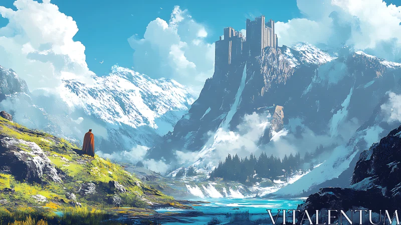 Lone wanderer studies a sky-tall citadel above frostbitten peaks.